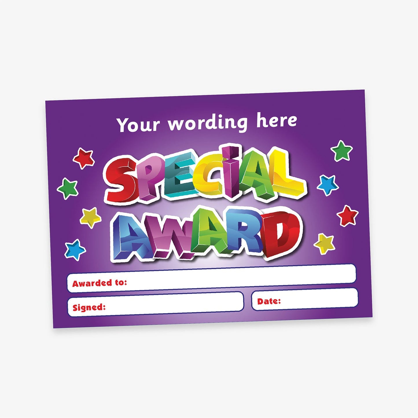 A5-sized personalised 'Special Award' certificate featuring a vibrant blue background with multicoloured 3D-style lettering, surrounded by colourful stars; includes customisable text areas for recipient's name, signature, and date—ideal for recognising pupil achievements