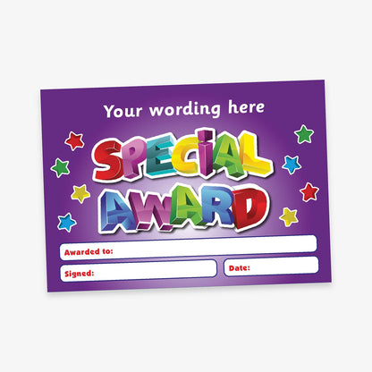 A5-sized personalised 'Special Award' certificate featuring a vibrant blue background with multicoloured 3D-style lettering, surrounded by colourful stars; includes customisable text areas for recipient's name, signature, and date—ideal for recognising pupil achievements