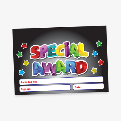 A5-sized personalised 'Special Award' certificate featuring a vibrant blue background with multicoloured 3D-style lettering, surrounded by colourful stars; includes customisable text areas for recipient's name, signature, and date—ideal for recognising pupil achievements