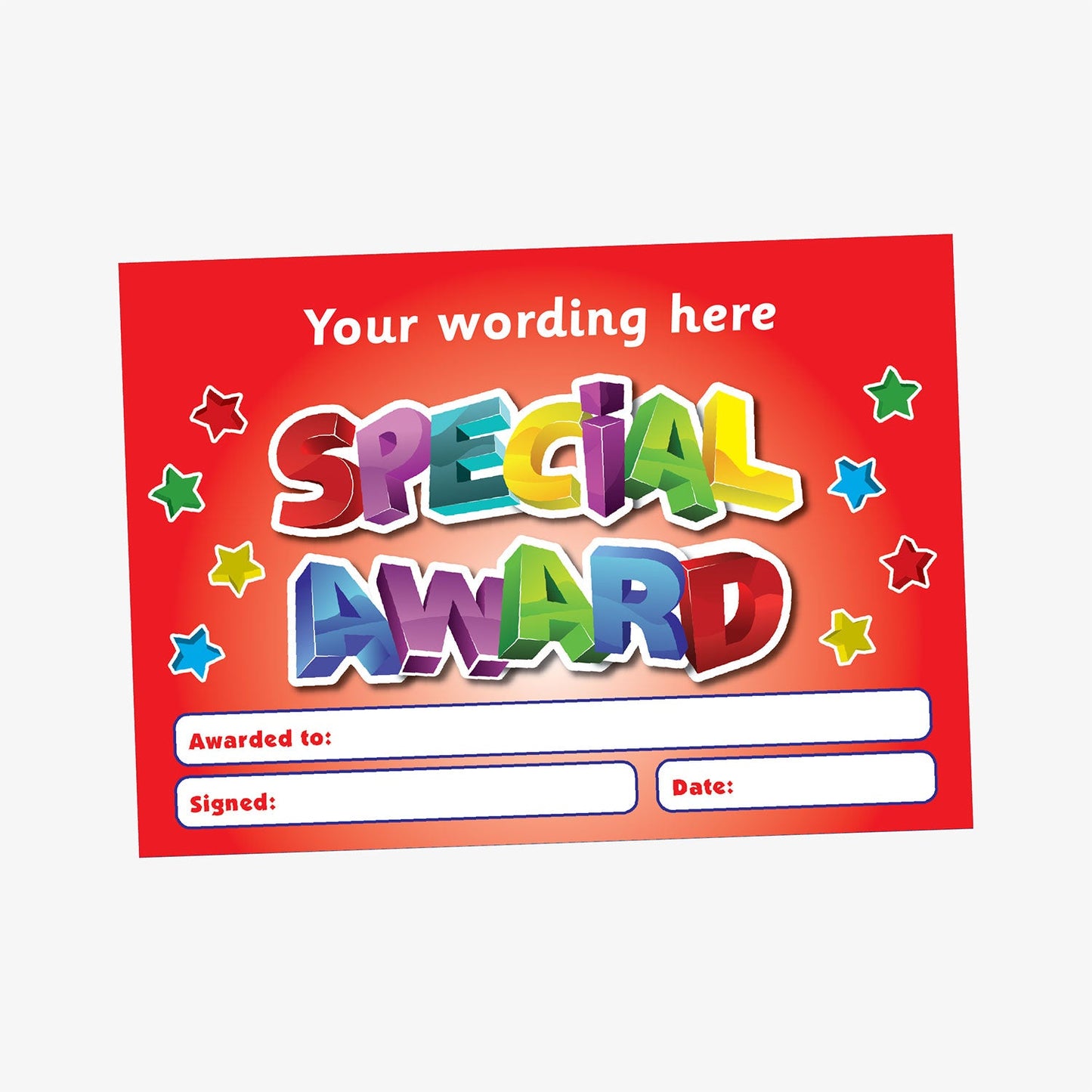 A5-sized personalised 'Special Award' certificate featuring a vibrant blue background with multicoloured 3D-style lettering, surrounded by colourful stars; includes customisable text areas for recipient's name, signature, and date—ideal for recognising pupil achievements