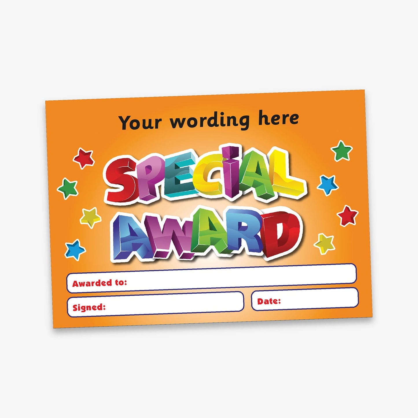 A5-sized personalised 'Special Award' certificate featuring a vibrant blue background with multicoloured 3D-style lettering, surrounded by colourful stars; includes customisable text areas for recipient's name, signature, and date—ideal for recognising pupil achievements