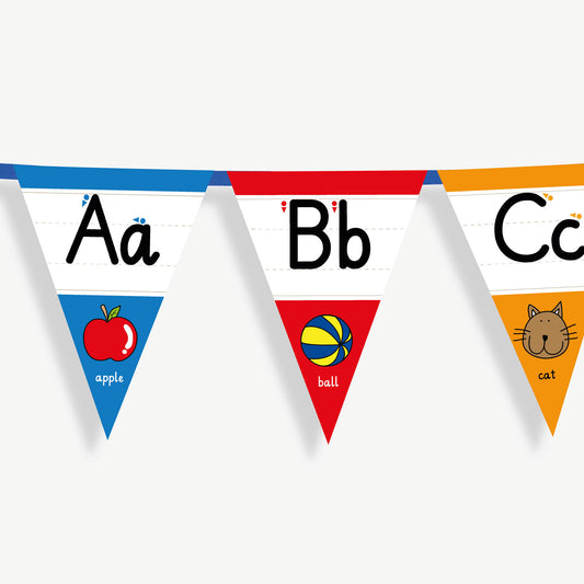 Colourful number bunting on blue ribbon featuring the letters in both capital and small letters Aa, Bb and Cc - each flag has images at the point of the bunting relating to the letter and the word; example Aa, word: apple and an image of a red apple.