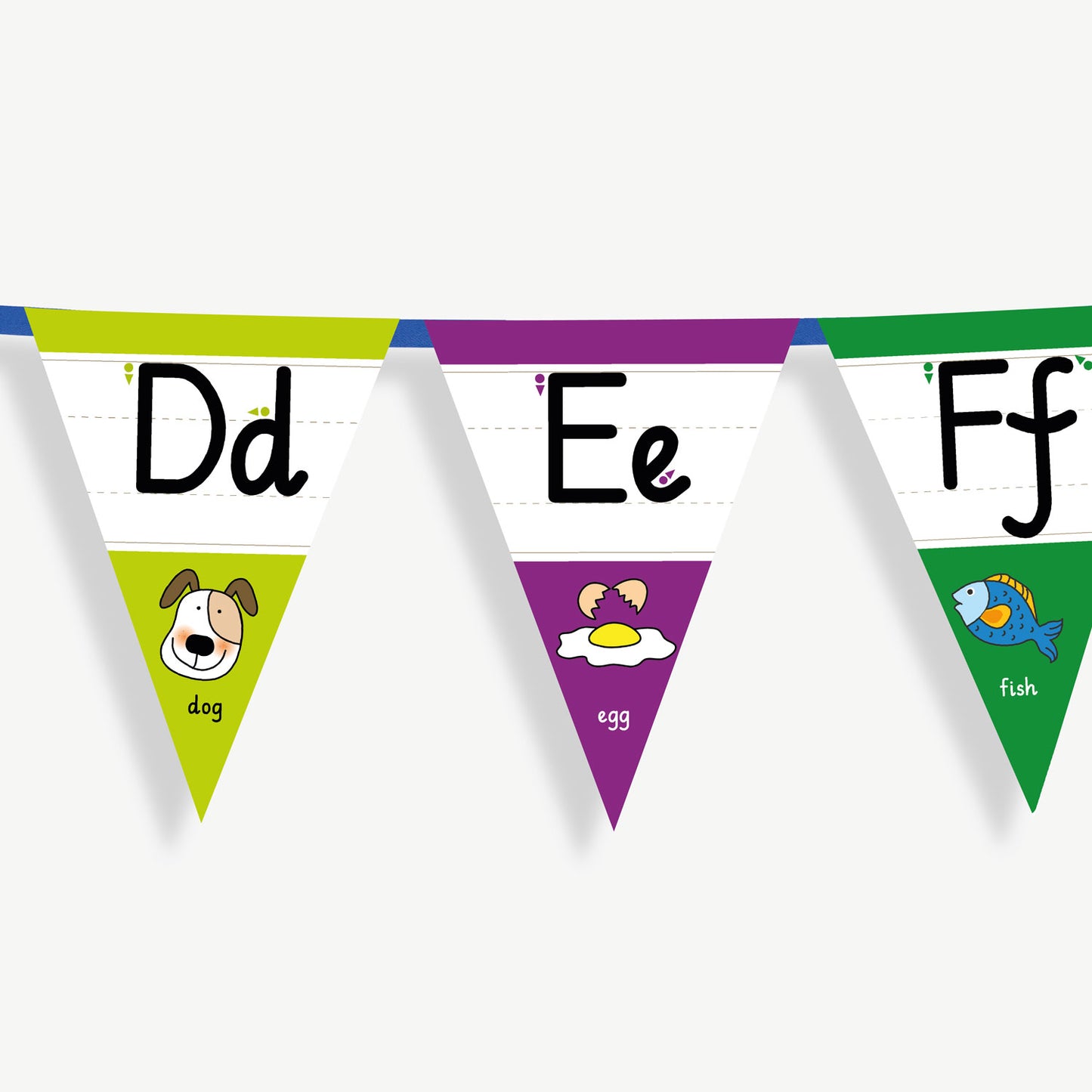 Colourful number bunting on blue ribbon featuring the letters in both capital and small letters Dd, Ee and Ff - each flag has images at the point of the bunting relating to the letter and the word; example Dd, word: dog and an image of a dog.
