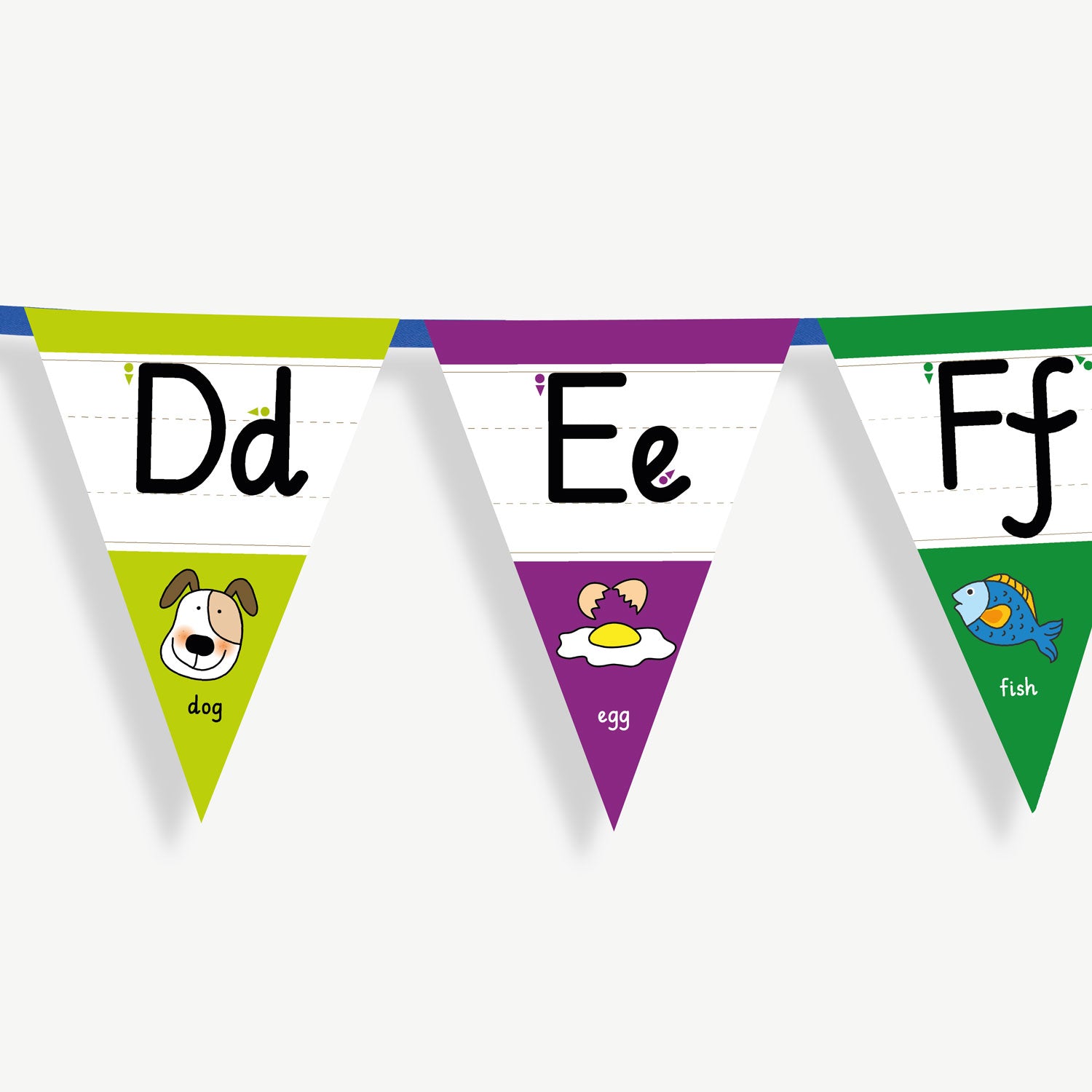 Colourful number bunting on blue ribbon featuring the letters in both capital and small letters Dd, Ee and Ff - each flag has images at the point of the bunting relating to the letter and the word; example Dd, word: dog and an image of a dog.