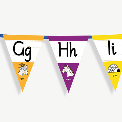 Colourful number bunting on blue ribbon featuring the letters in both capital and small letters Gg, Hh, Ii - each flag has images at the point of the bunting relating to the letter and the word; example Gg, word: goat and an image of a goats head with horns.