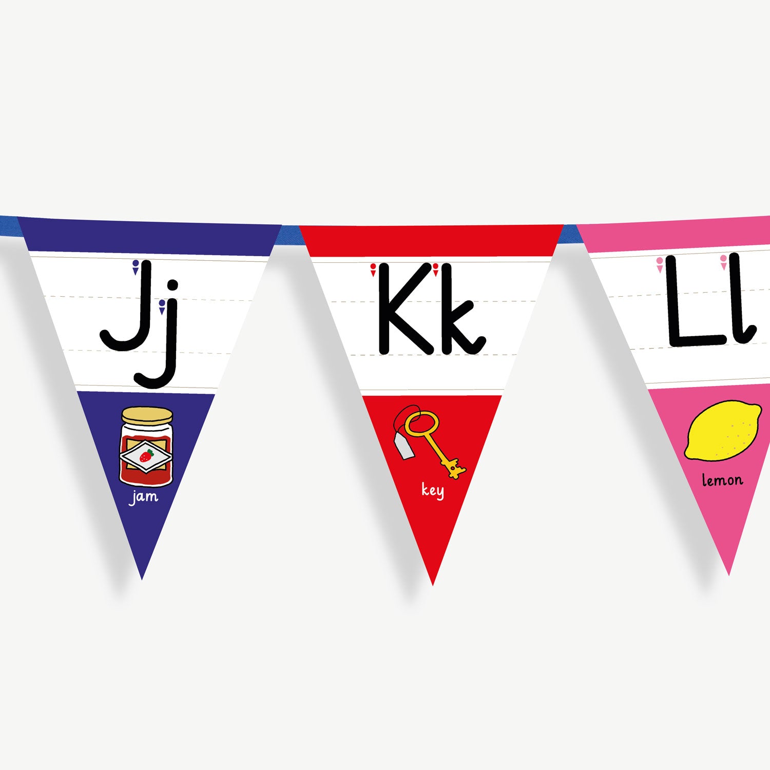 Colourful number bunting on blue ribbon featuring the letters in both capital and small letters Jj, Kk, Ll - each flag has images at the point of the bunting relating to the letter and the word; example Jj, word: jam and an image of a jar of jam.