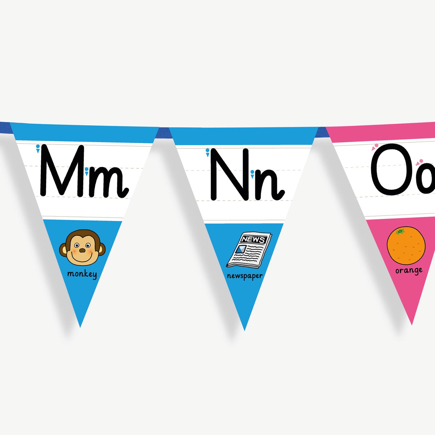 Colourful number bunting on blue ribbon featuring the letters in both capital and small letters Mm, Nn, Oo - each flag has images at the point of the bunting relating to the letter and the word; example Oo, word: orange and an image of an orange