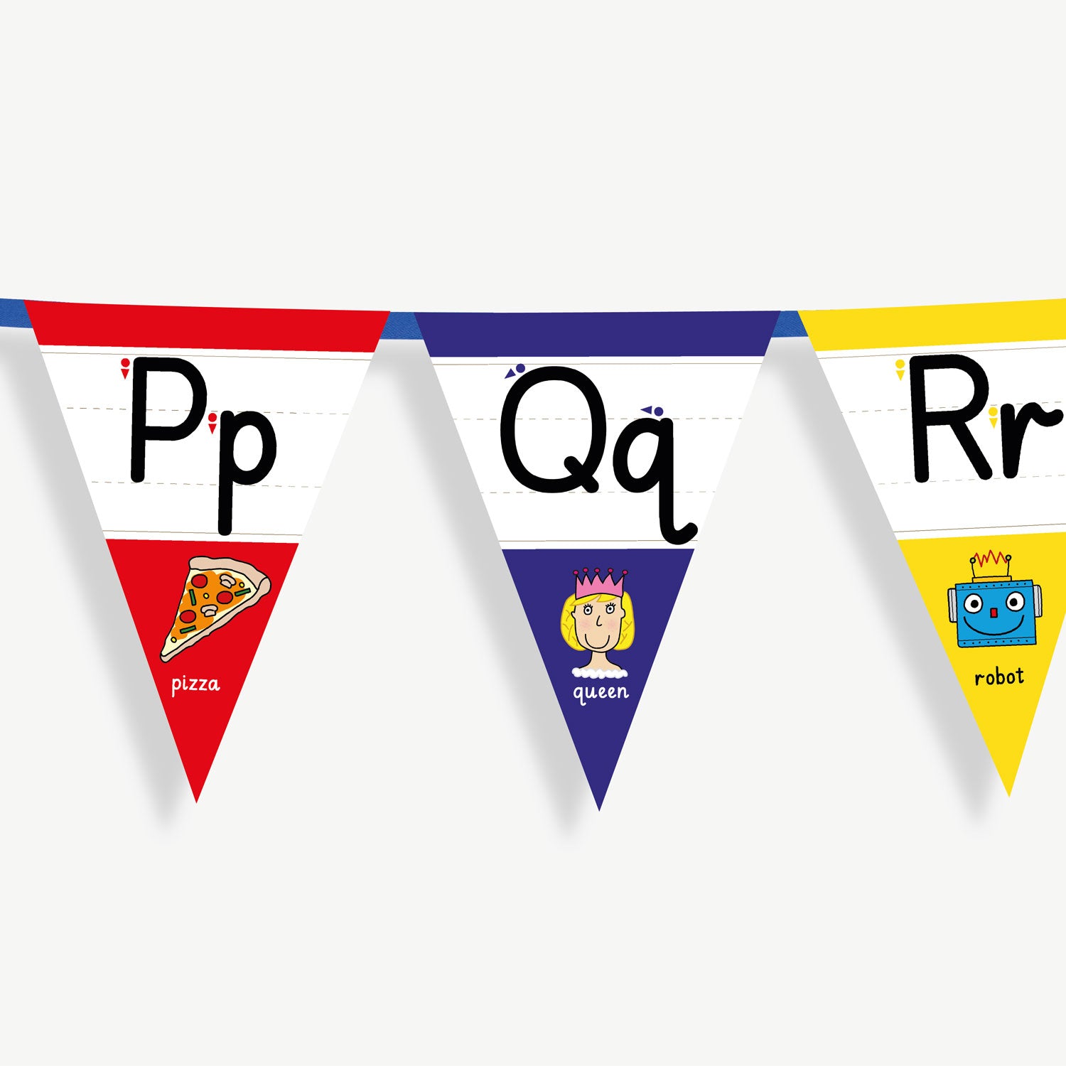 Colourful number bunting on blue ribbon featuring the letters in both capital and small letters Pp, Qq, Rr - each flag has images at the point of the bunting relating to the letter and the word; example Qq, word: queen and an image of a queen.