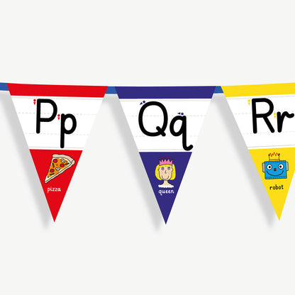 Colourful number bunting on blue ribbon featuring the letters in both capital and small letters Pp, Qq, Rr - each flag has images at the point of the bunting relating to the letter and the word; example Qq, word: queen and an image of a queen.