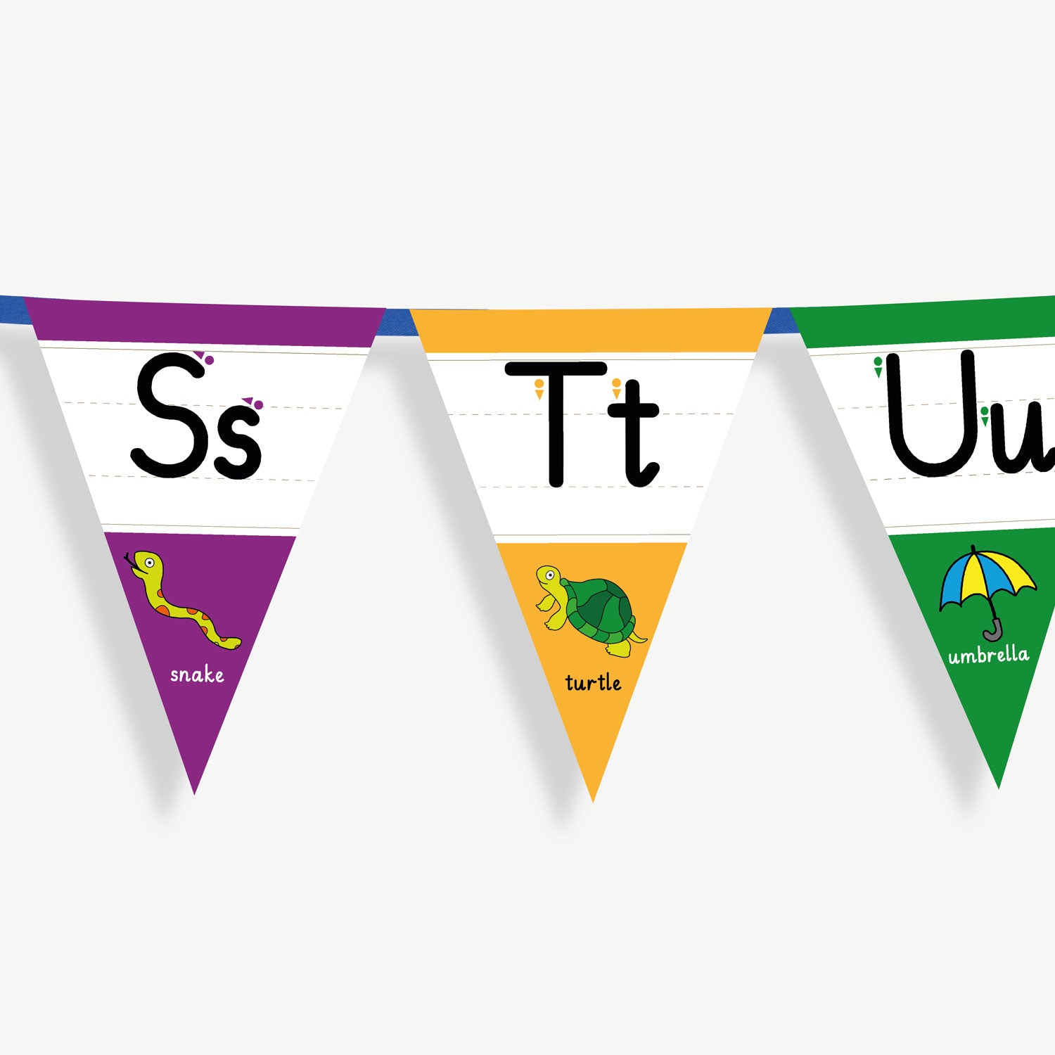 Colourful number bunting on blue ribbon featuring the letters in both capital and small letters Ss, Tt, Uu - each flag has images at the point of the bunting relating to the letter and the word; example Tt, word: turtle and an image of a turtle.