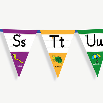 Colourful number bunting on blue ribbon featuring the letters in both capital and small letters Ss, Tt, Uu - each flag has images at the point of the bunting relating to the letter and the word; example Tt, word: turtle and an image of a turtle.