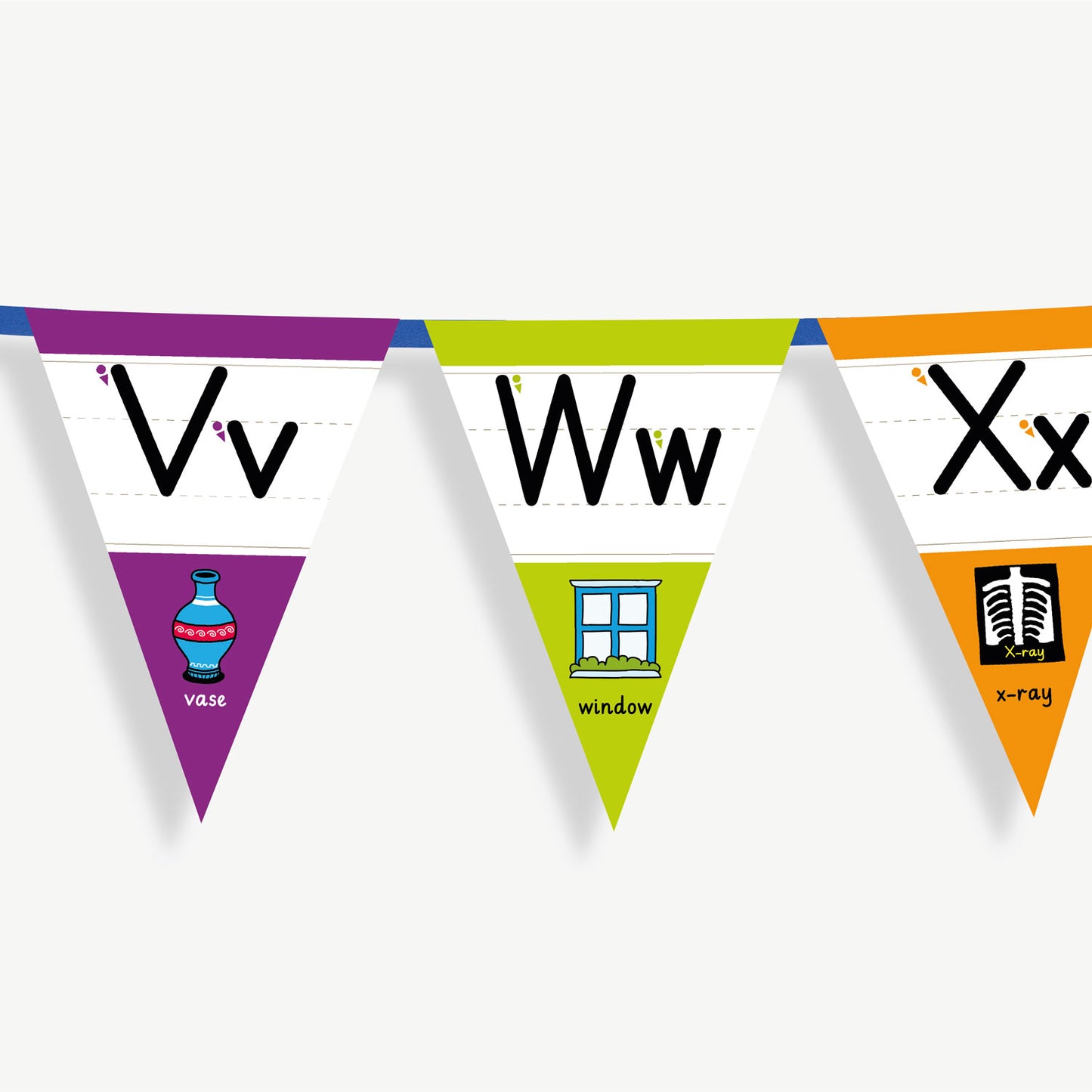 Colourful number bunting on blue ribbon featuring the letters in both capital and small letters Vv, Ww, Xx- each flag has images at the point of the bunting relating to the letter and the word; example Xx, word: x-ray and an image of an x-ray of a body.
