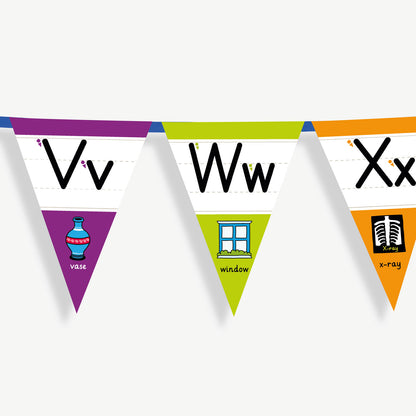 Colourful number bunting on blue ribbon featuring the letters in both capital and small letters Vv, Ww, Xx- each flag has images at the point of the bunting relating to the letter and the word; example Xx, word: x-ray and an image of an x-ray of a body.
