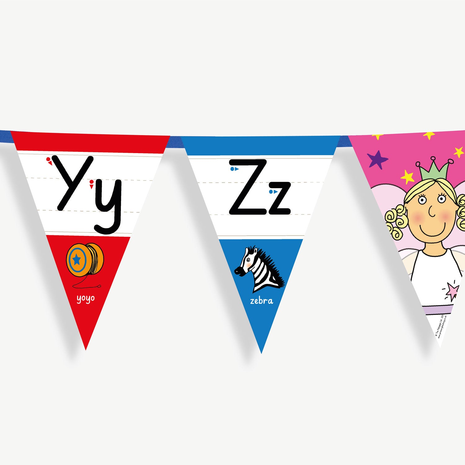 Colourful number bunting on blue ribbon featuring the letters in both capital and small letters Yy, Zz - each flag has images at the point of the bunting relating to the letter and the word; example Yy, word: yo-yo and an image of a yo-yo.
