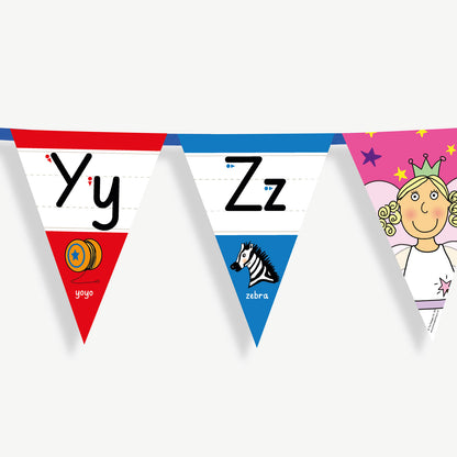 Colourful number bunting on blue ribbon featuring the letters in both capital and small letters Yy, Zz - each flag has images at the point of the bunting relating to the letter and the word; example Yy, word: yo-yo and an image of a yo-yo.