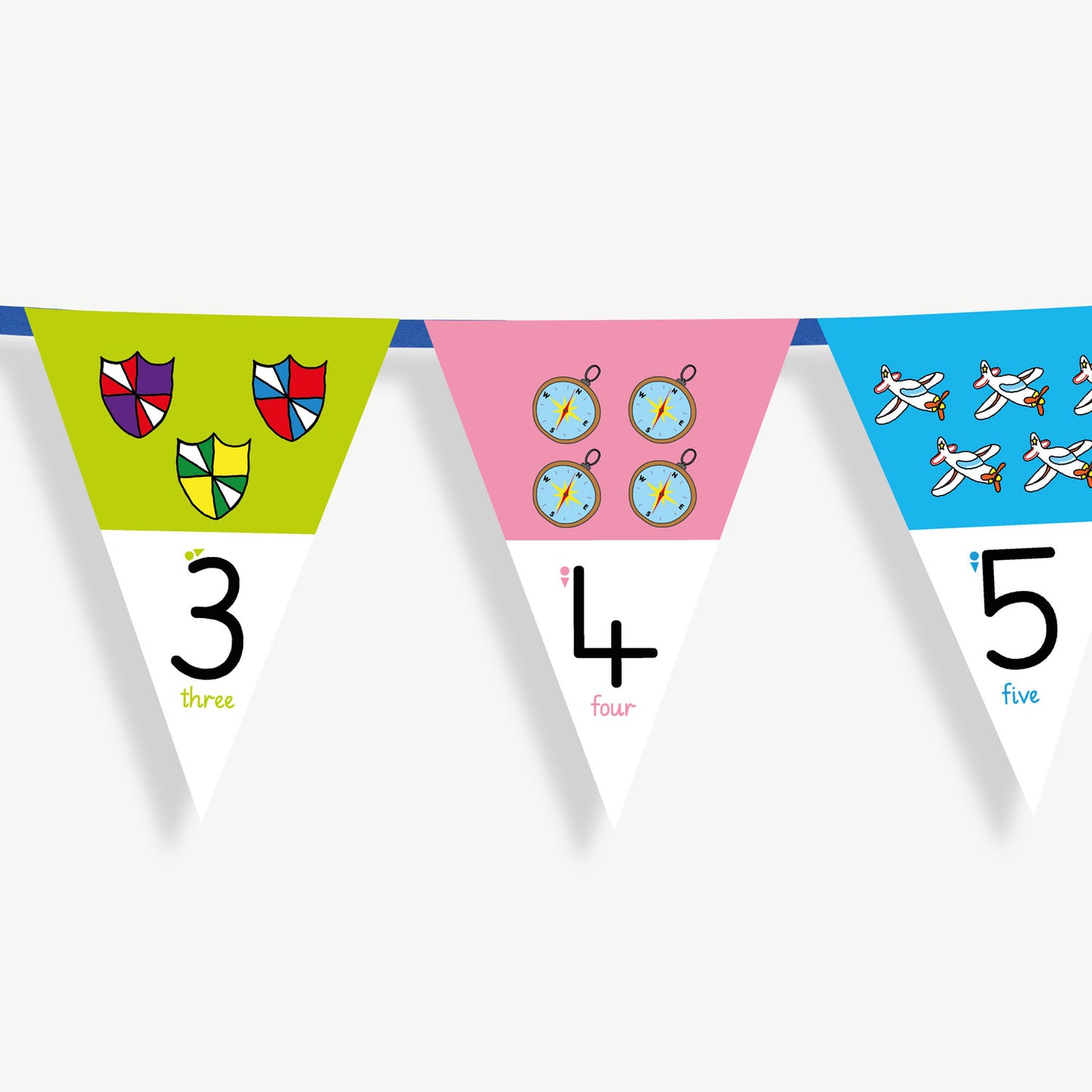 Colourful number bunting on blue ribbon featuring the numbers 3 to 5 - each flag has images at the top, relating to the number on the bunting flag and the number at the point of the bunting.