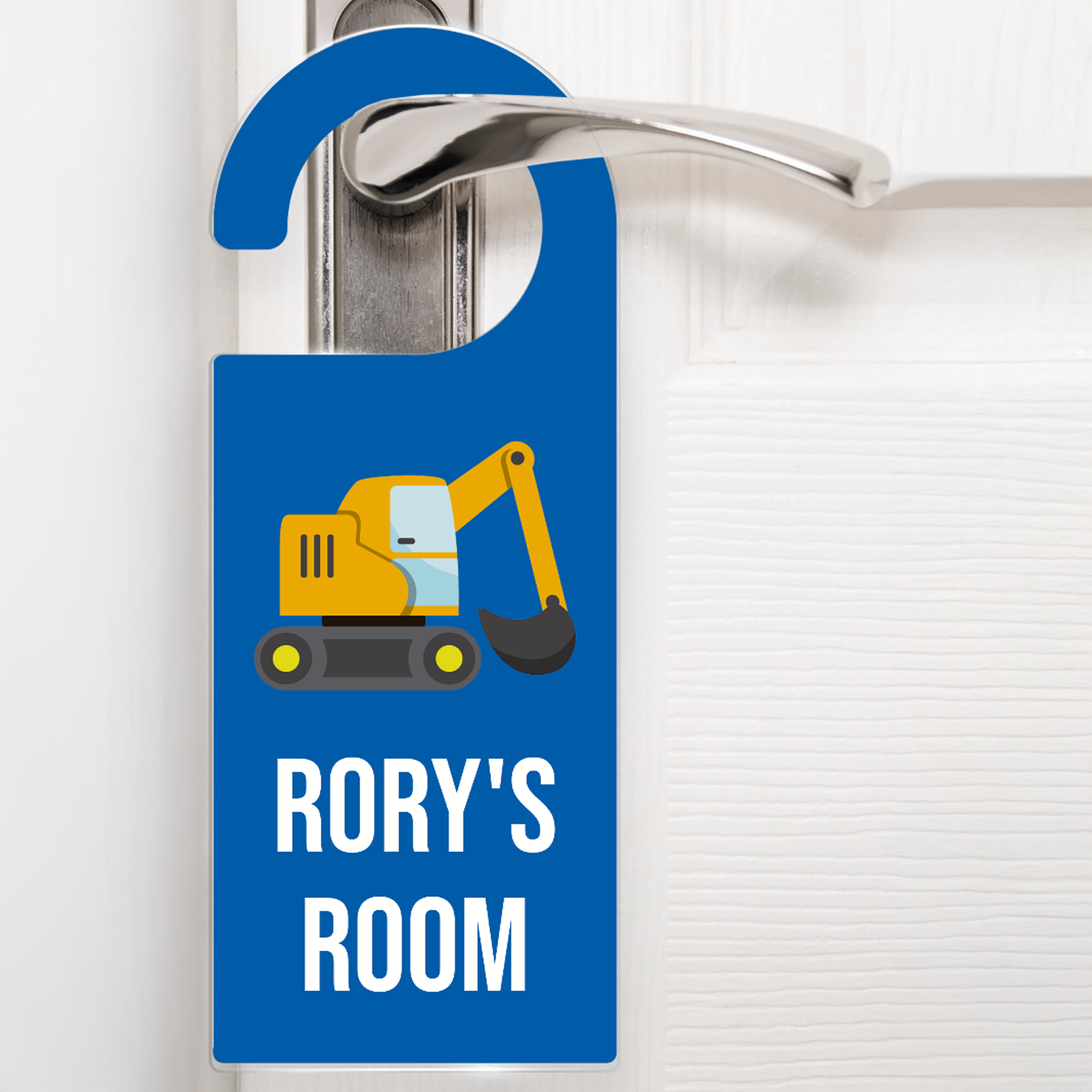 A deep blue door hanger hanging on a silver handle, featuring a cartoon yellow digger above the text 'Rory's Room' in white letters. The design is playful and child-friendly, ideal for decorating a child's bedroom door.