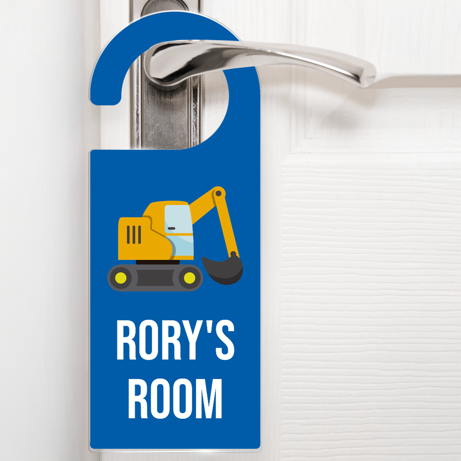 A deep blue door hanger hanging on a silver handle, featuring a cartoon yellow digger above the text 'Rory's Room' in white letters. The design is playful and child-friendly, ideal for decorating a child's bedroom door.