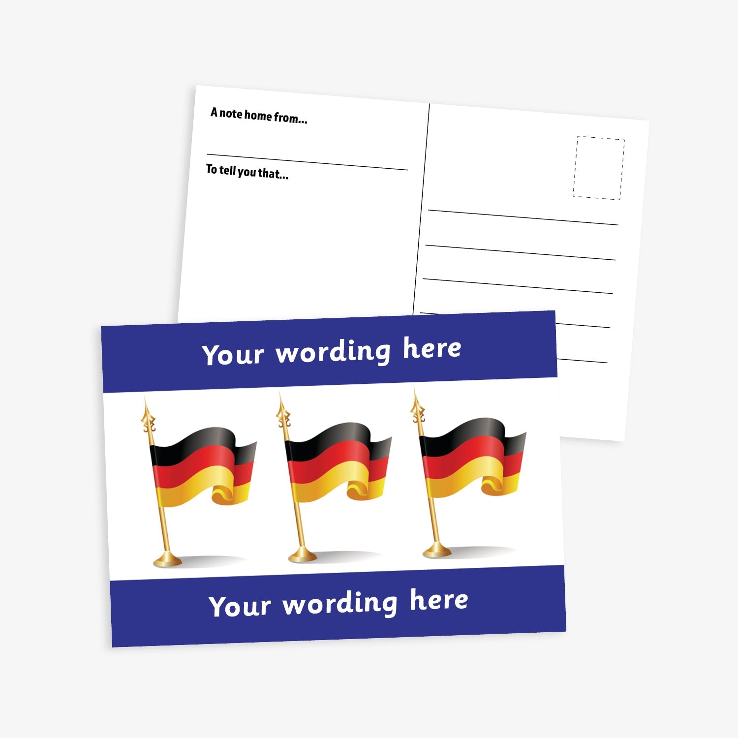 Personalised German Flag A6 Postcard –  The front features three waving German flags on a white background, framed by bold dark blue borders at the top and bottom, where personalised text can be added. The reverse side includes space for a handwritten message and address, making it perfect for use in modern foreign language lessons or as a motivational reward.