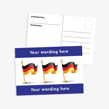 Personalised German Flag A6 Postcard –  The front features three waving German flags on a white background, framed by bold dark blue borders at the top and bottom, where personalised text can be added. The reverse side includes space for a handwritten message and address, making it perfect for use in modern foreign language lessons or as a motivational reward.