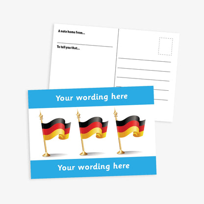 Personalised German Flag A6 Postcard –  The front features three waving German flags on a white background, framed by bold cyan borders at the top and bottom, where personalised text can be added. The reverse side includes space for a handwritten message and address, making it perfect for use in modern foreign language lessons or as a motivational reward.