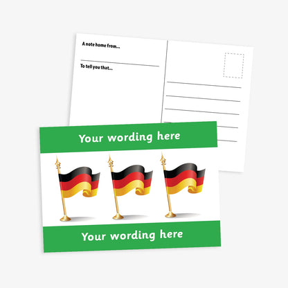 Personalised German Flag A6 Postcard –  The front features three waving German flags on a white background, framed by bold green borders at the top and bottom, where personalised text can be added. The reverse side includes space for a handwritten message and address, making it perfect for use in modern foreign language lessons or as a motivational reward.