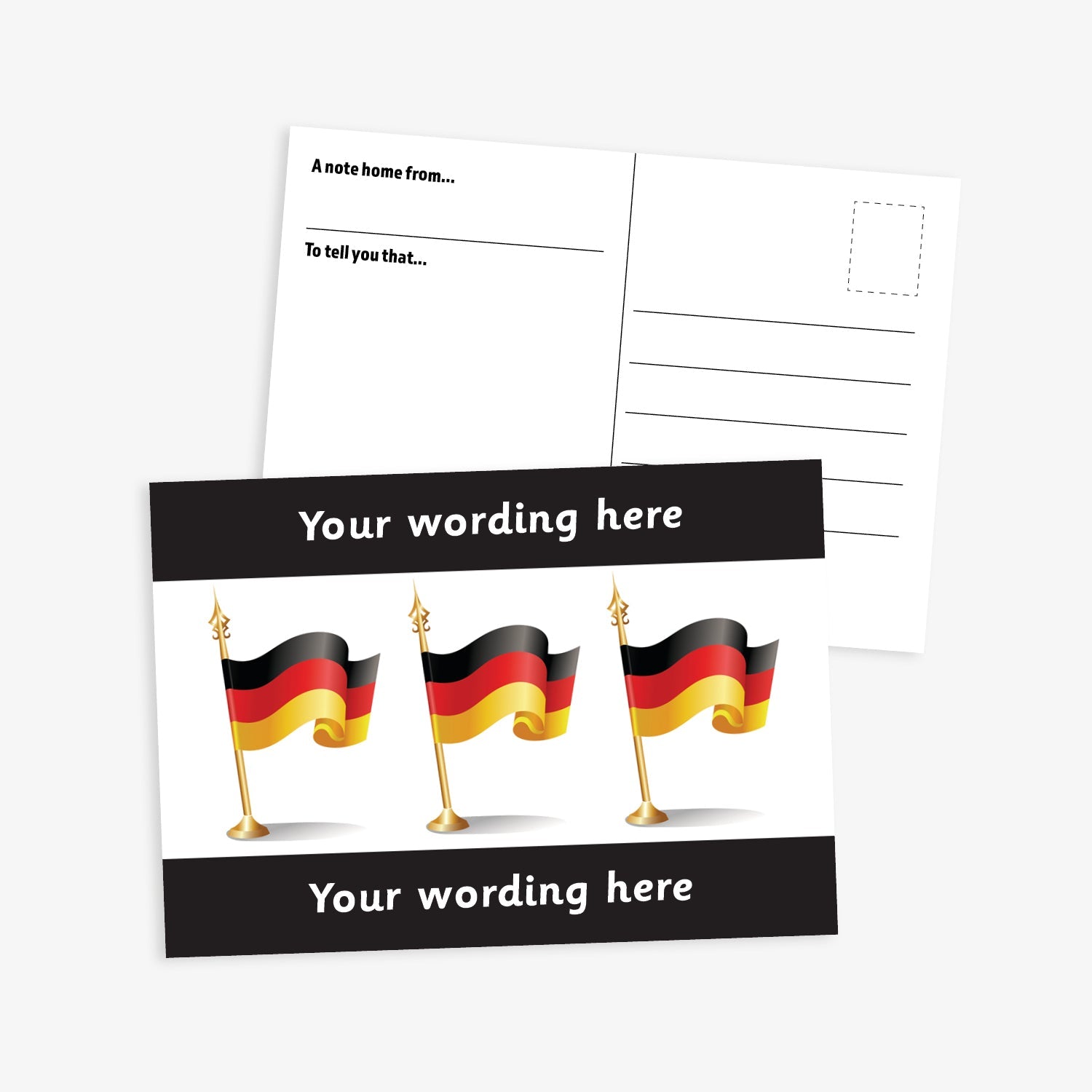 Personalised German Flag A6 Postcard –  The front features three waving German flags on a white background, framed by bold black borders at the top and bottom, where personalised text can be added. The reverse side includes space for a handwritten message and address, making it perfect for use in modern foreign language lessons or as a motivational reward.