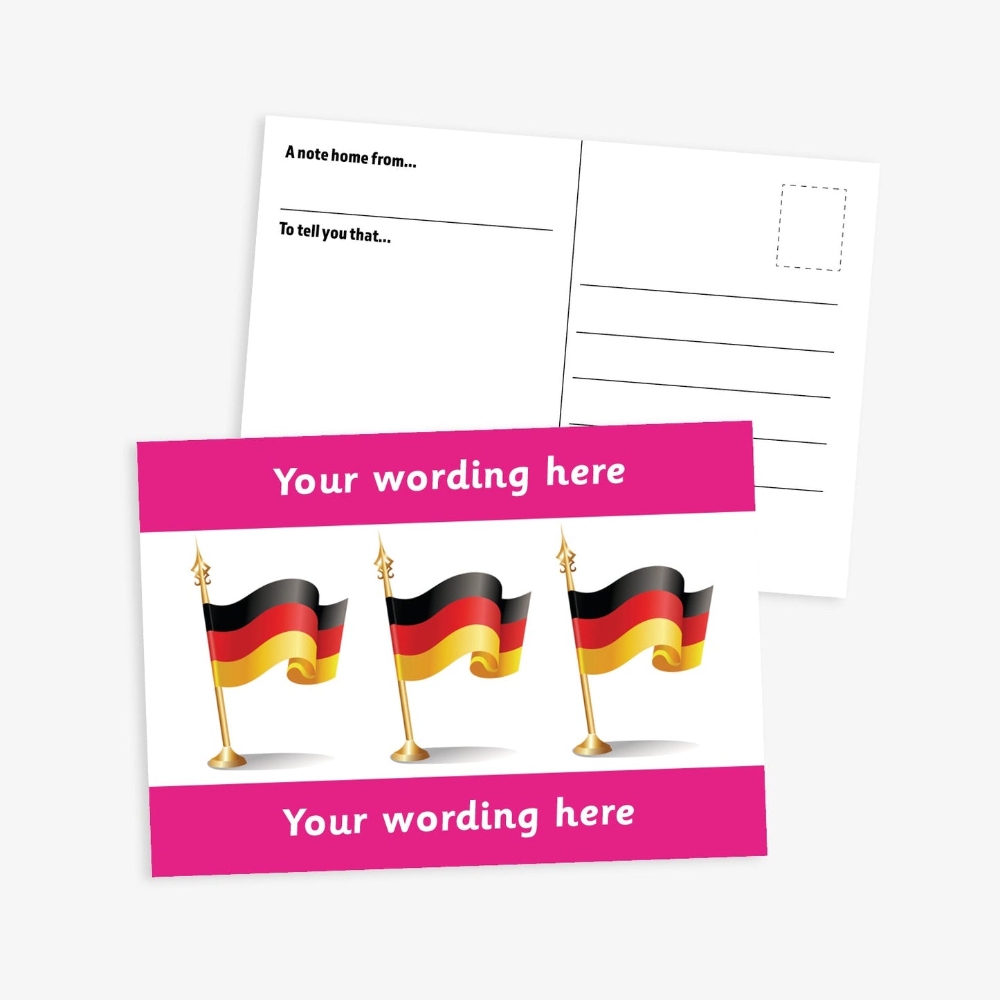 Personalised German Flag A6 Postcard –  The front features three waving German flags on a white background, framed by bold magenta borders at the top and bottom, where personalised text can be added. The reverse side includes space for a handwritten message and address, making it perfect for use in modern foreign language lessons or as a motivational reward.