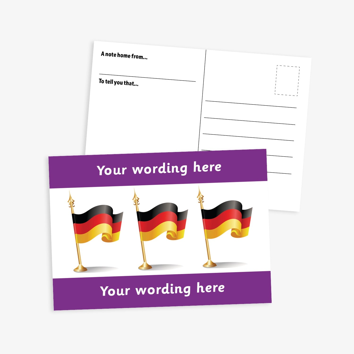 Personalised German Flag A6 Postcard –  The front features three waving German flags on a white background, framed by bold purple borders at the top and bottom, where personalised text can be added. The reverse side includes space for a handwritten message and address, making it perfect for use in modern foreign language lessons or as a motivational reward.