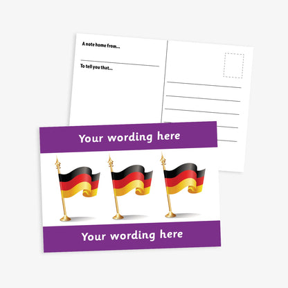 Personalised German Flag A6 Postcard –  The front features three waving German flags on a white background, framed by bold purple borders at the top and bottom, where personalised text can be added. The reverse side includes space for a handwritten message and address, making it perfect for use in modern foreign language lessons or as a motivational reward.