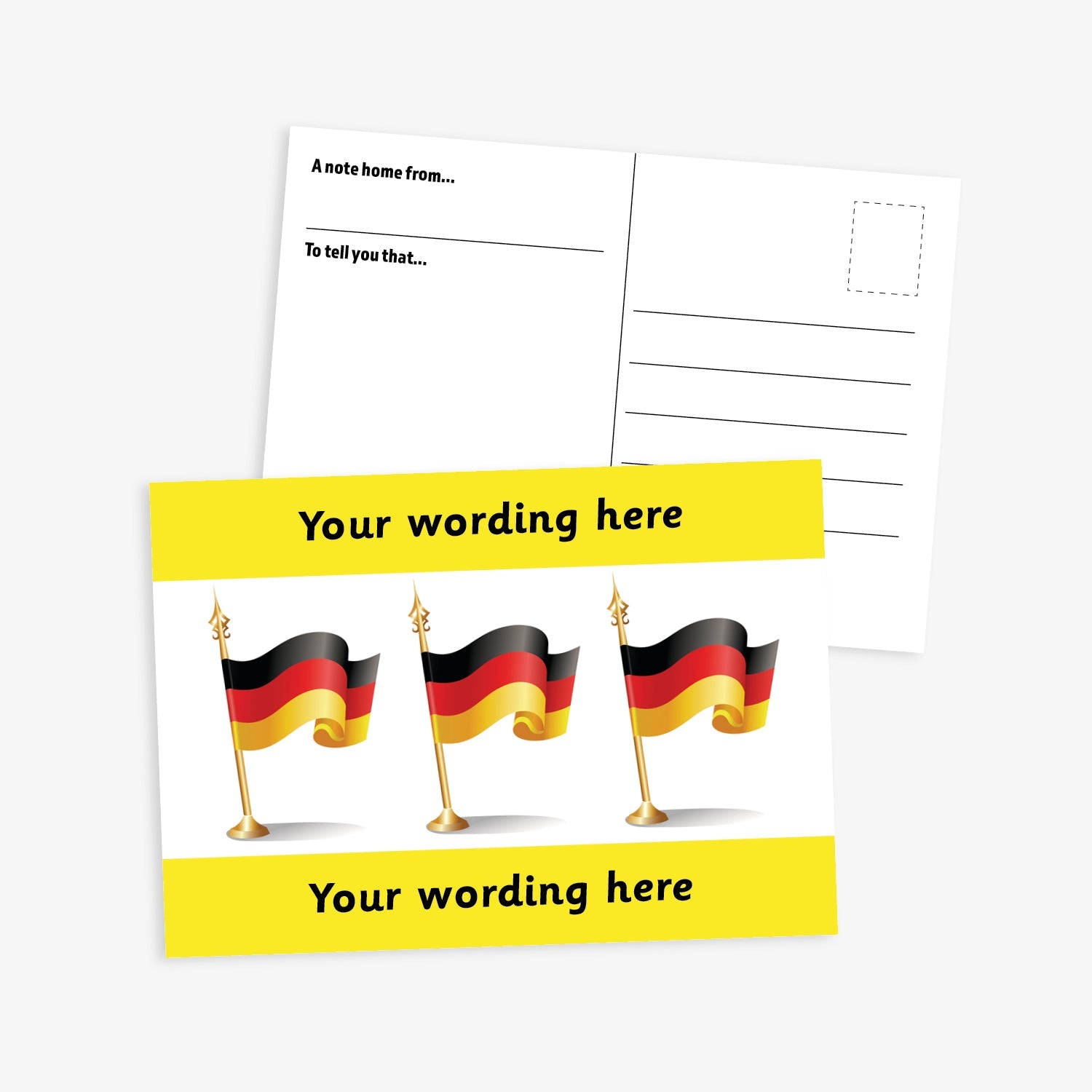 Personalised German Flag A6 Postcard –  The front features three waving German flags on a white background, framed by bold yellow borders at the top and bottom, where personalised text can be added. The reverse side includes space for a handwritten message and address, making it perfect for use in modern foreign language lessons or as a motivational reward.