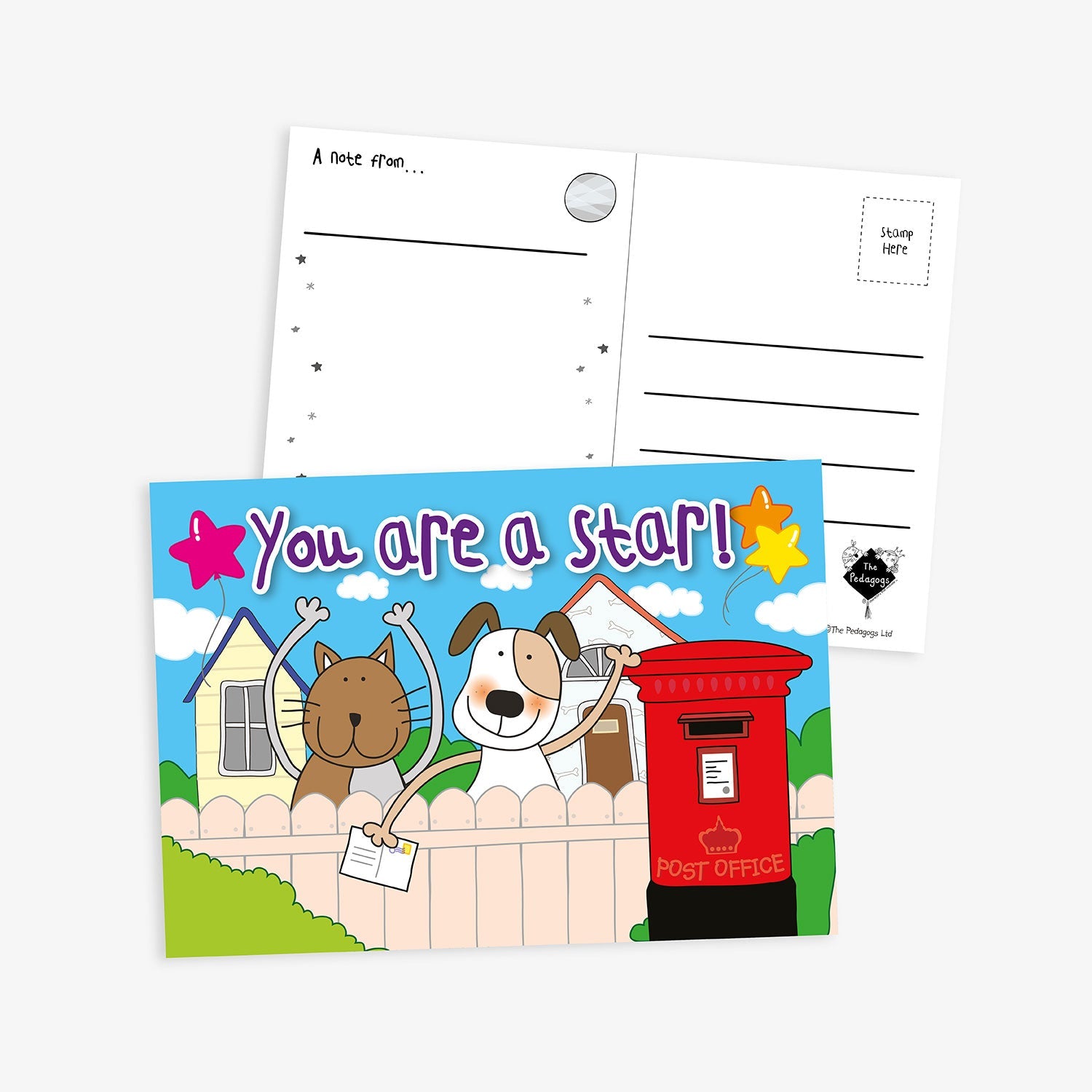 Front and back of a colourful postcard featuring a cartoon cat and dog holding a letter next to a red postbox with the message 'You are a star!' in playful lettering. The reverse has lines for writing and a printed prompt saying 'A note from…'