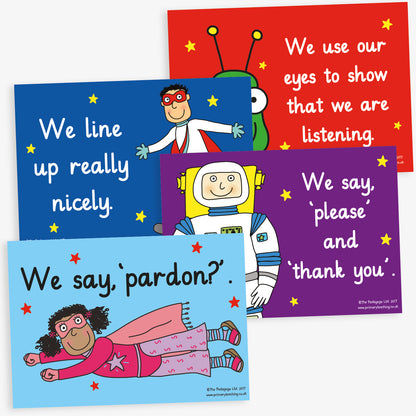 4 colourful A4 classroom posters, each featuring a different cartoon character and a positive behaviour message such as 'We say, pardon' and 'We line up really nicely'. The posters are designed to promote good manners and respectful behaviour among pupils.