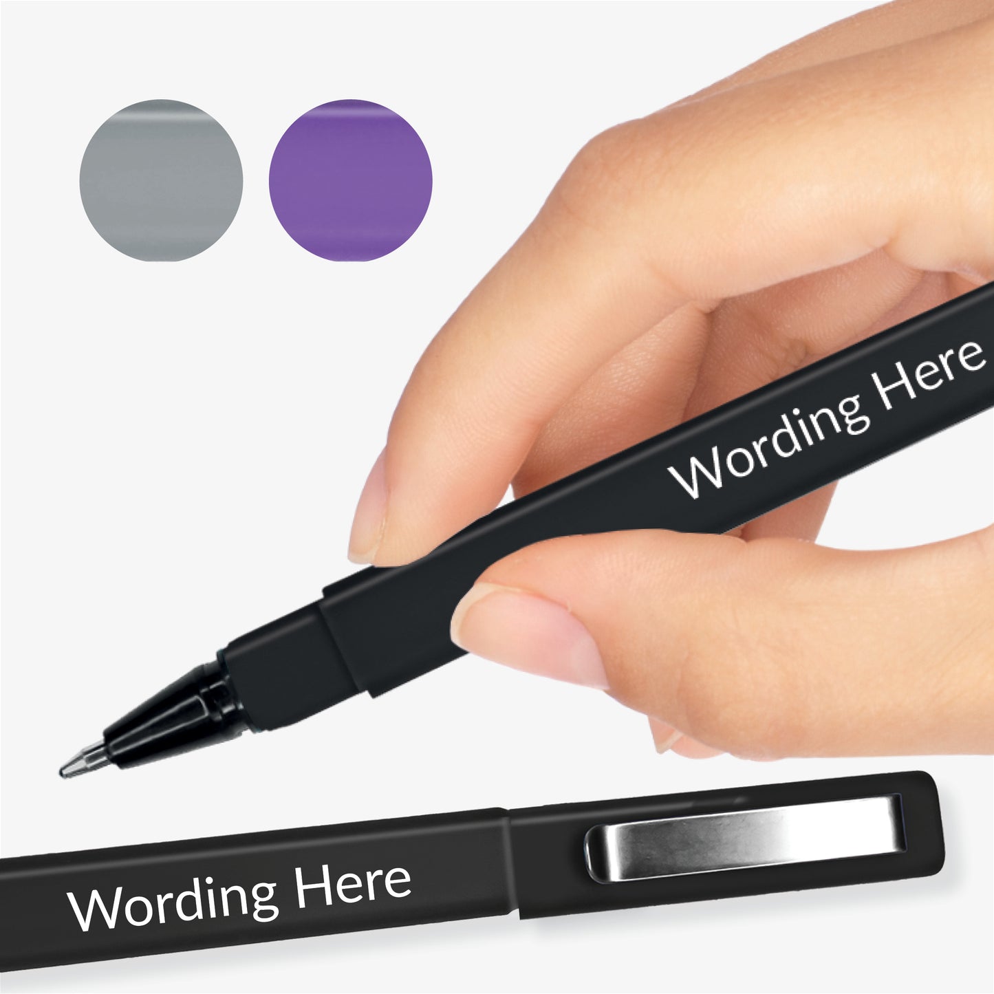Black, square barrelled, textured ball point pen with  brushed metal clip on the lid.  Placeholder text 'Wording Here' on the barrel, held in a hand