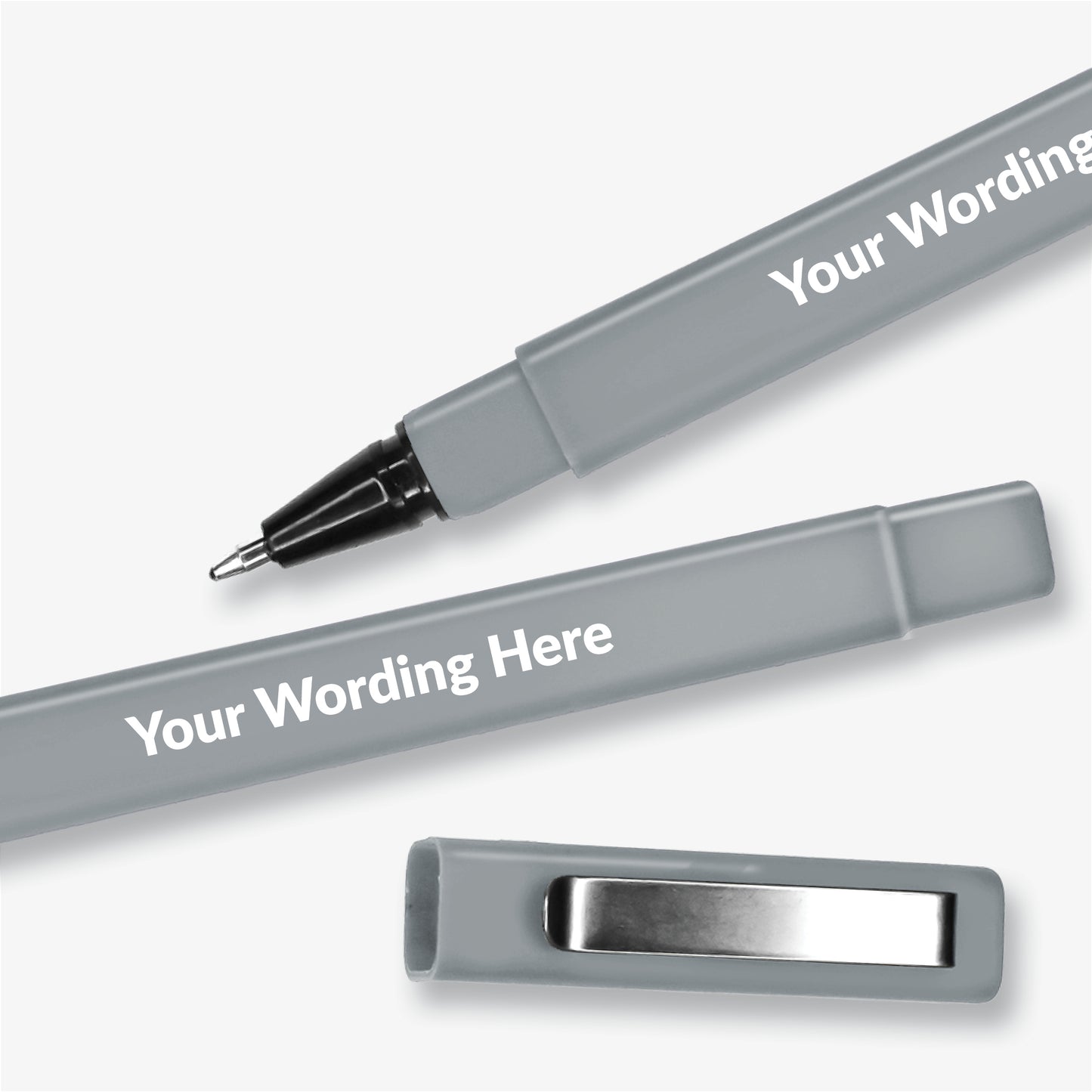 Grey, square barrelled, textured ball point pen with  brushed metal clip on the lid.  Placeholder text 'Your Wording Here' on the barrel