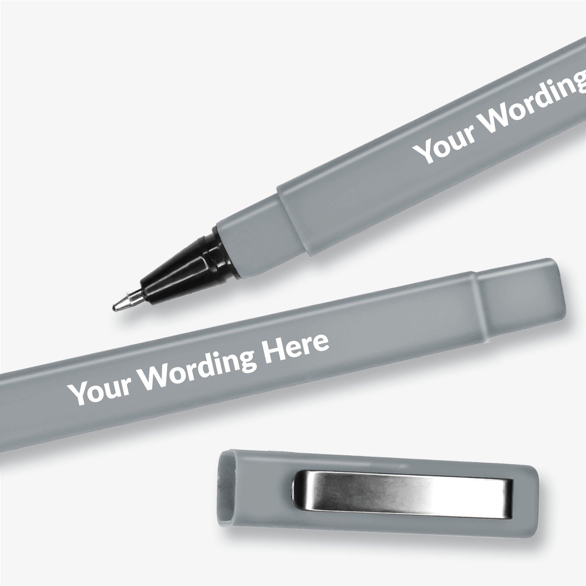 Grey, square barrelled, textured ball point pen with  brushed metal clip on the lid.  Placeholder text 'Your Wording Here' on the barrel
