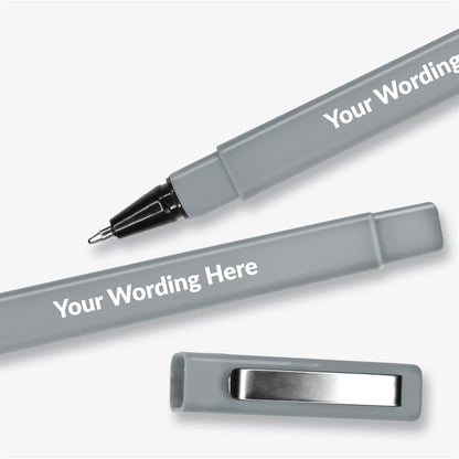 Grey, square barrelled, textured ball point pen with  brushed metal clip on the lid.  Placeholder text 'Your Wording Here' on the barrel