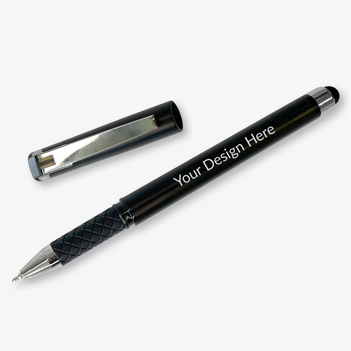 Uncapped black personalised rollerball pen displayed diagonally beside its matching cap, with a textured black grip and stylus end.