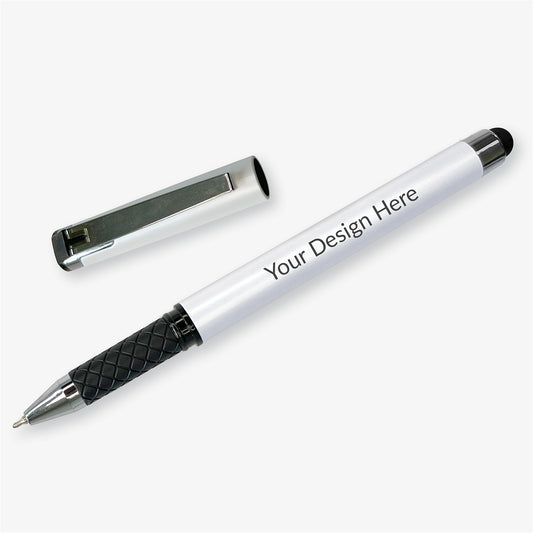 Uncapped white personalised rollerball pen displayed diagonally beside its matching cap, with a textured black grip and stylus end.