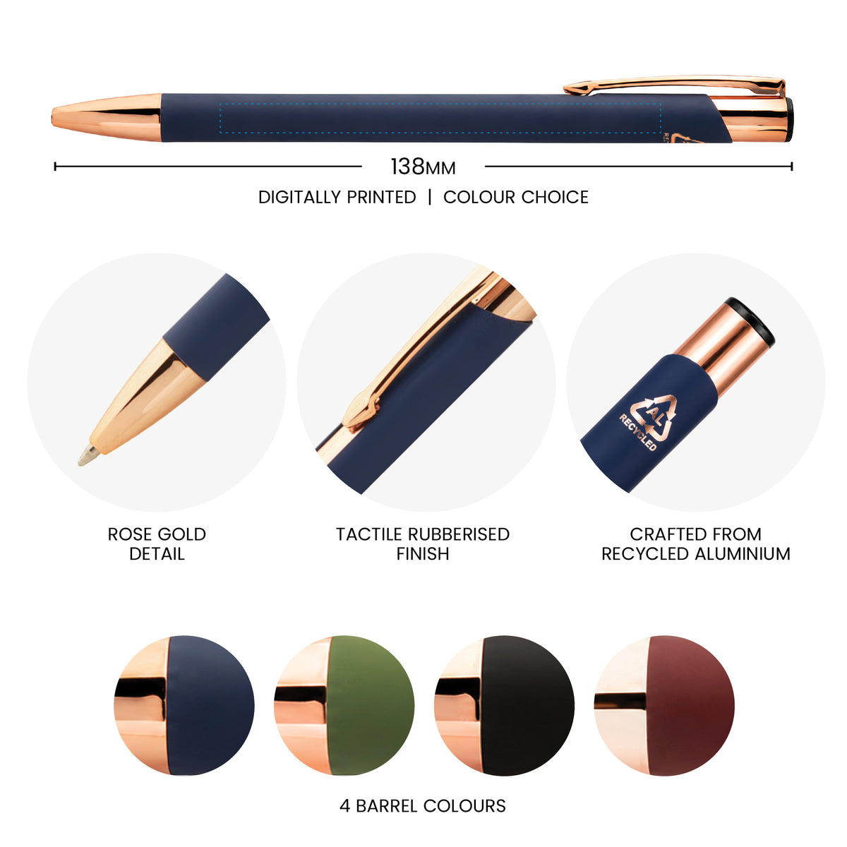 Personalised recycled aluminium ballpoint pen with rubberised finish, rose-gold detailing and four barrel colour options.