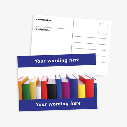  A6-sized personalised postcard featuring 12 books of varying colours and sizes lined up. The design includes customisable text areas above and below the image with dark blue border, allowing for personalised messages. The reverse side is formatted with recipient detail and address.  Available in 9 colour options.​