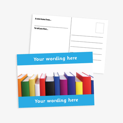  A6-sized personalised postcard featuring 12 books of varying colours and sizes lined up. The design includes customisable text areas above and below the image with cyan border, allowing for personalised messages. The reverse side is formatted with recipient detail and address.  Available in 9 colour options.​