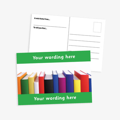  A6-sized personalised postcard featuring 12 books of varying colours and sizes lined up. The design includes customisable text areas above and below the image with green border, allowing for personalised messages. The reverse side is formatted with recipient detail and address.  Available in 9 colour options.​