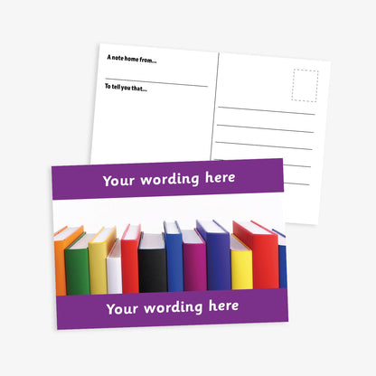  A6-sized personalised postcard featuring 12 books of varying colours and sizes lined up. The design includes customisable text areas above and below the image with purple border, allowing for personalised messages. The reverse side is formatted with recipient detail and address.  Available in 9 colour options.​