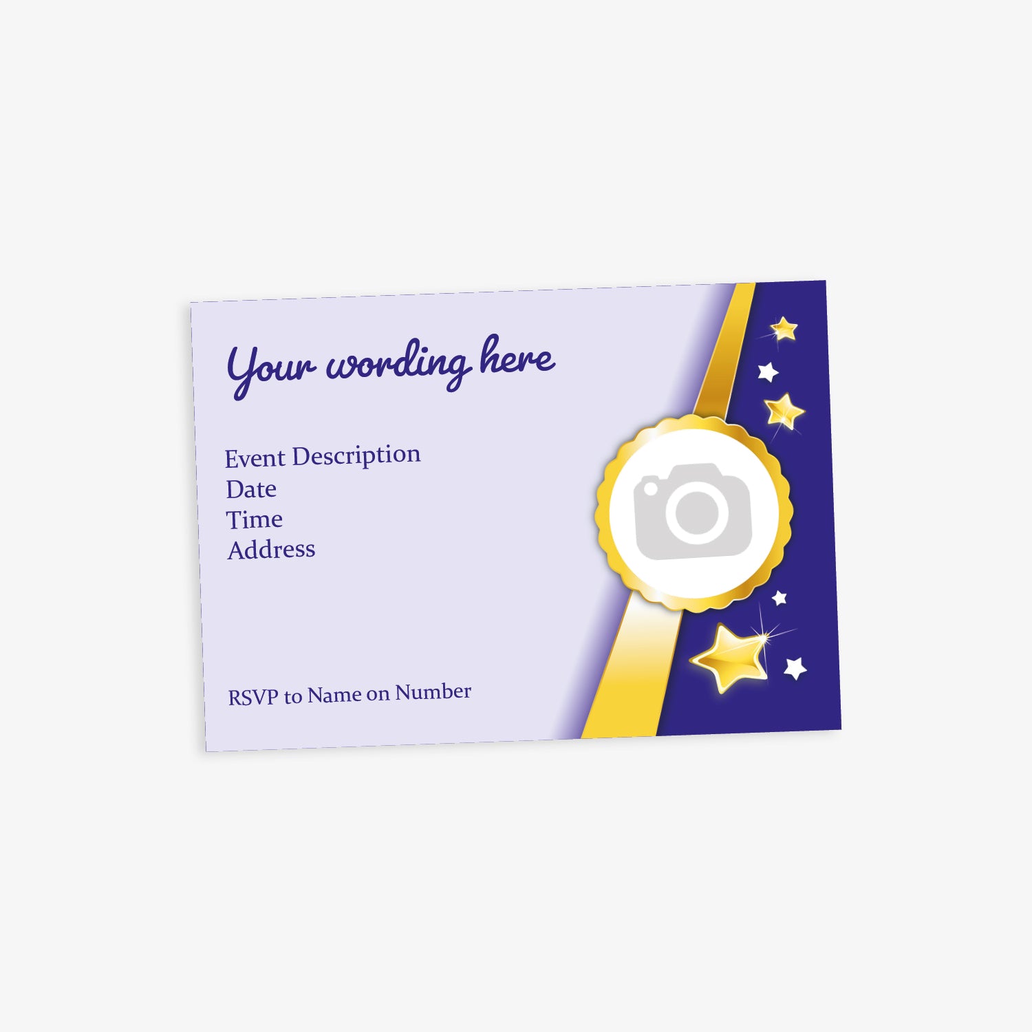 Customisable event invitation card with a purple and gold star-themed design, including space for event details and a circular image placeholder.