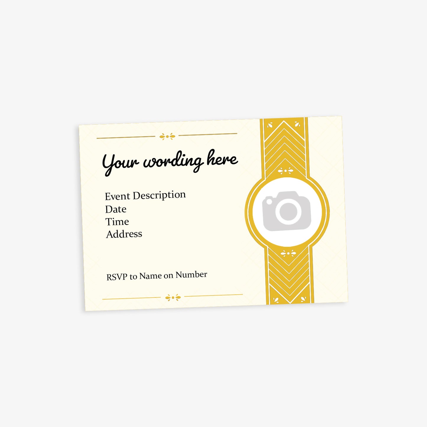 A cream and gold event invitation card with a placeholder text. The left side lists event details with the headings: 'Event Description', 'Date', 'Time', and 'Address', followed by 'RSVP to Name on Number'. The right side features a gold vertical patterned banner with a circular image placeholder in the centre, intended for a photo or icon.