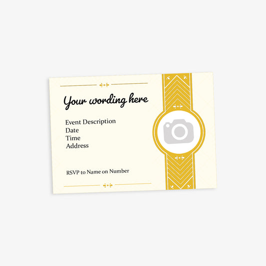 A cream and gold event invitation card with a placeholder text. The left side lists event details with the headings: 'Event Description', 'Date', 'Time', and 'Address', followed by 'RSVP to Name on Number'. The right side features a gold vertical patterned banner with a circular image placeholder in the centre, intended for a photo or icon.
