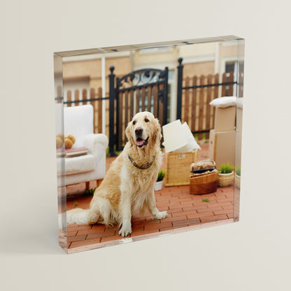 A square acrylic photo block featuring a photo of a dog in a garden.  The block has a glossy, freestanding design ideal for display.