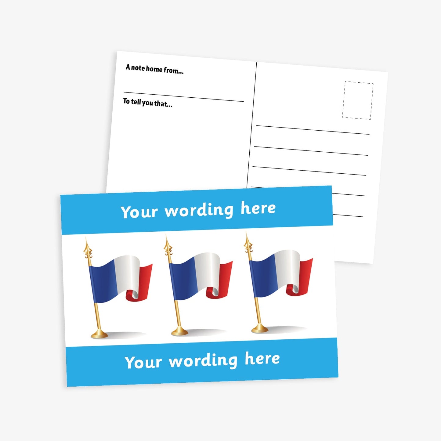 A6-sized personalised postcard featuring three French flags on gold poles against a white background, with customisable text areas above and below the flags in bright blue bands; reverse side includes space for a handwritten message and recipient address—ideal for engaging pupils in French language or cultural activities.