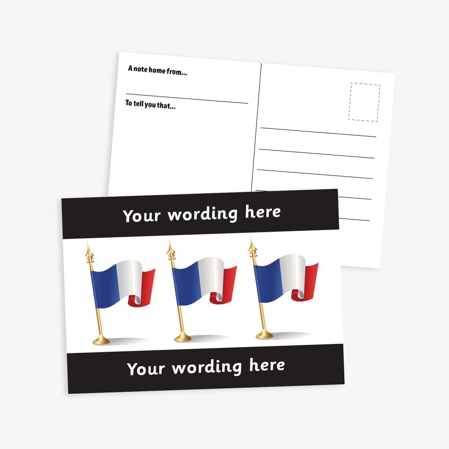 A6-sized personalised postcard featuring three French flags on gold poles against a white background, with customisable text areas above and below the flags in black bands; reverse side includes space for a handwritten message and recipient address—ideal for engaging pupils in French language or cultural activities.
